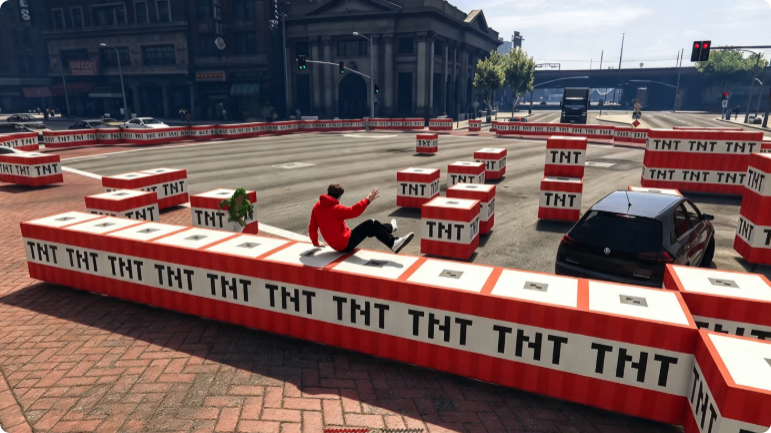 Minecraft în GTA 5, mod GTA 5, bedrock, TNT, slash build, tren GTA 5, teste în GTA Online, GTA 5 Money