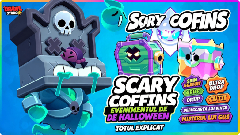 Brawl Stars, Scary Coffins, eveniment Halloween Brawl Stars, skin Griff Epitaph, Ultra Drop, Ultra Trophy Box, Vince early access, tatuaj Melody, cutii coșciug, eveniment 100 milioane quest-uri, cumpara Brawl Stars Top Up