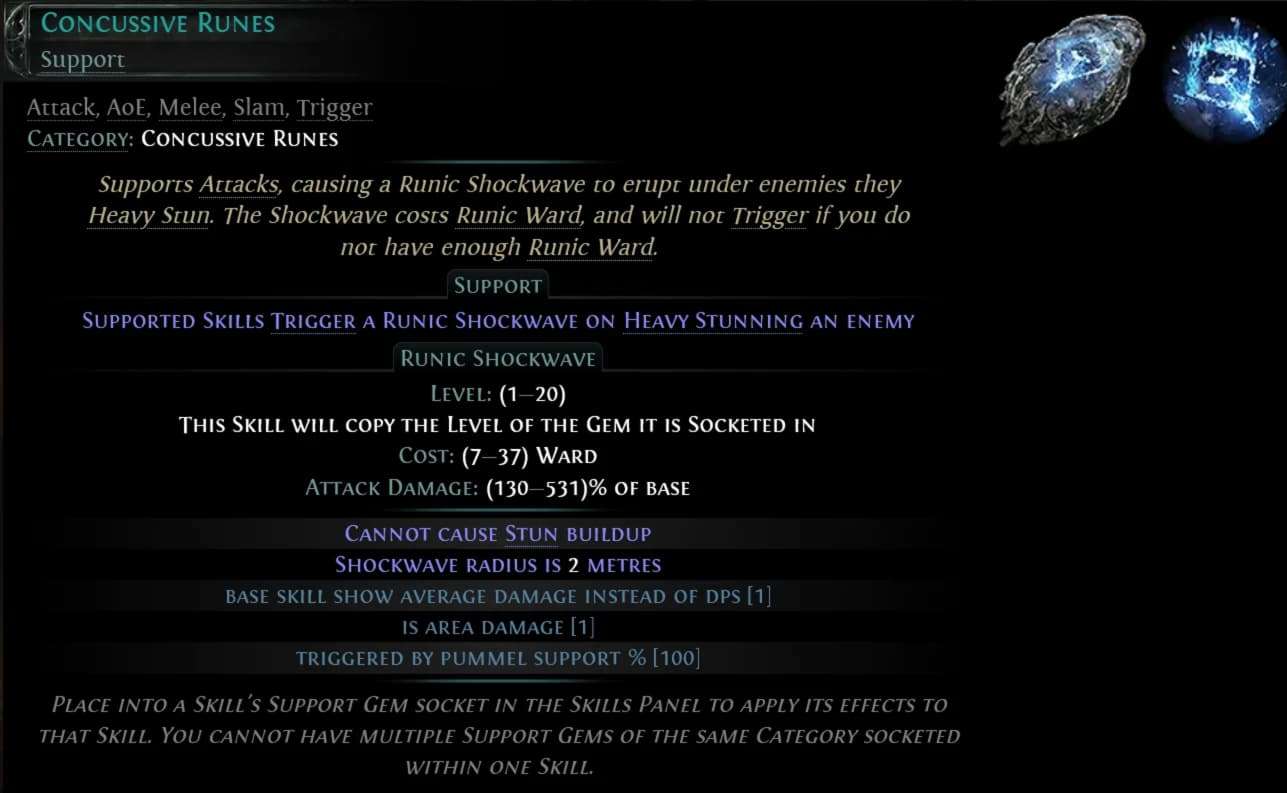 PoE 2 Sunder Concussive Runes support gem