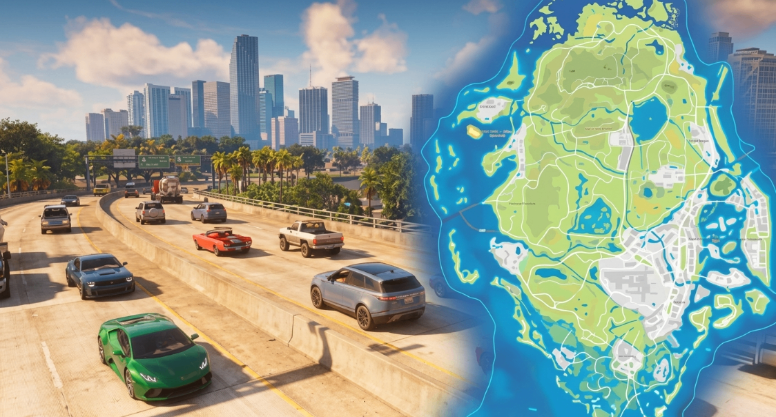 خريطة GTA 6 الجديدة, حجم خريطة جي تي أي 6, مباني قابلة للدخول GTA 6, مقارنة خريطة GTA 6 مع GTA 5