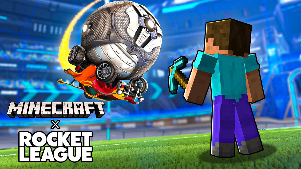 Rocket League x Minecraft: Blocky League — crossover-ul fan-made cu Steve, TNT și Ender Dragon pe teren