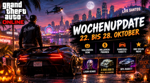 GTA Online Weekly Update,Halloween Event,Währung kaufen,Gratis-Geld,Boni und Rabatt,Wochenupdate,Gratis-Geld,2,5 Millionen GTA-Dollar,Fahrzeugrabatte,Podiumsfahrzeug,GTA Online Update 22. Oktober 2026