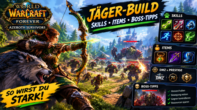 WoW Forever Azeroth Survivors,Azeroth Survivors Jäger Guide,WoW Forever Gold kaufen,Jäger Build,beste Skills,Boss-Tipps,Jäger Items,Survivors überleben